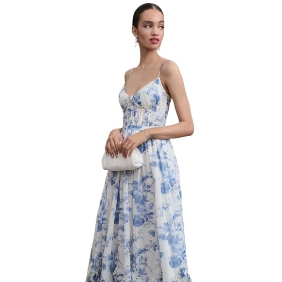 V. Chapman Corset Front-Slit Ruffled Gown – Provencal Blue Floral, Size 12 - Picture 2 of 11